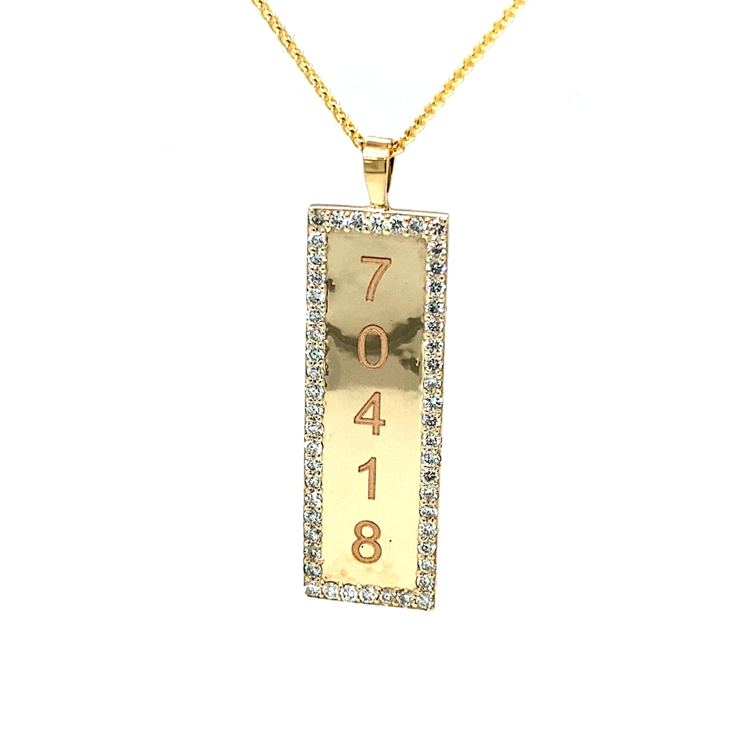 vertical pendant with diamond and the number 70418