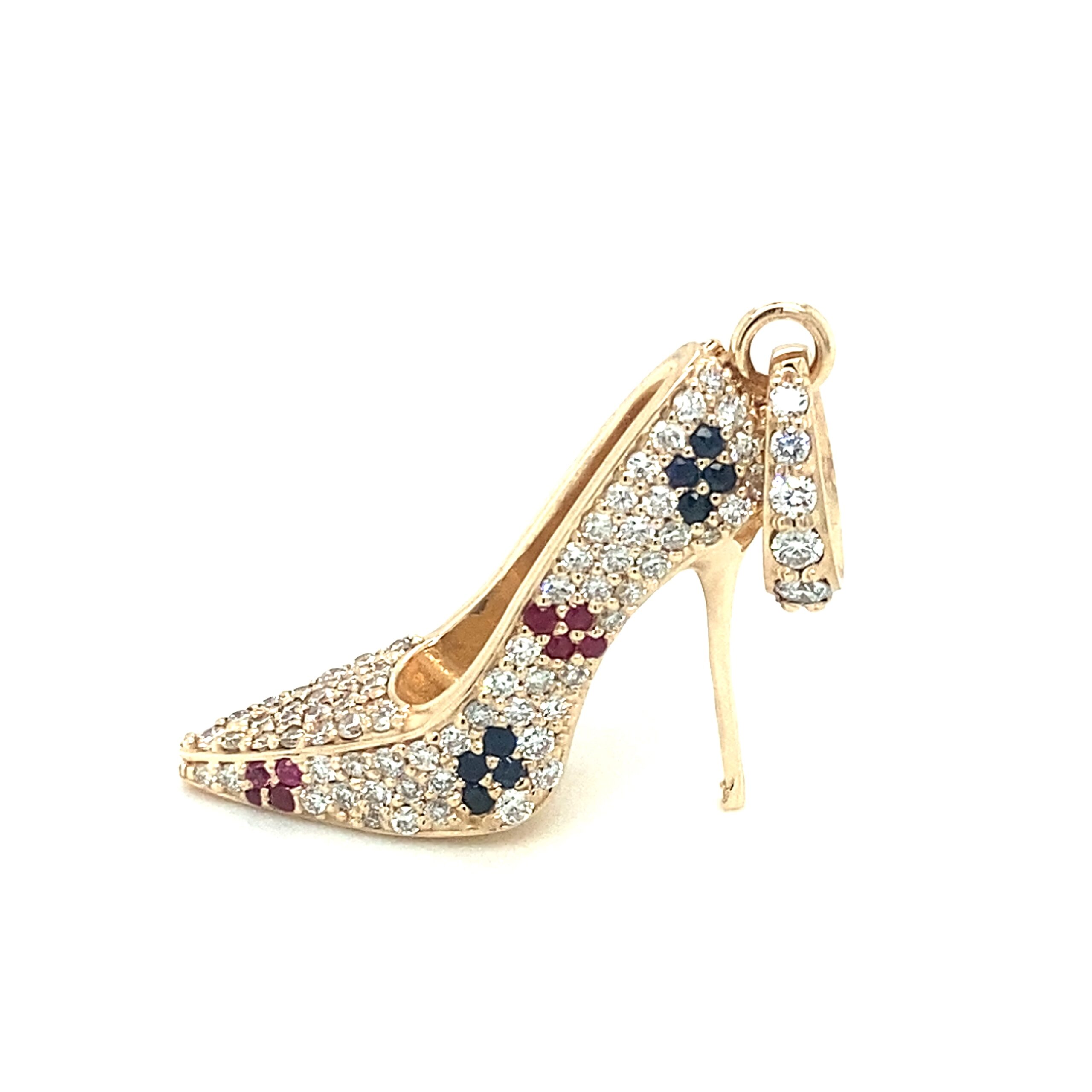 diamond and gemstone pendant in the shape of a high heel shoe