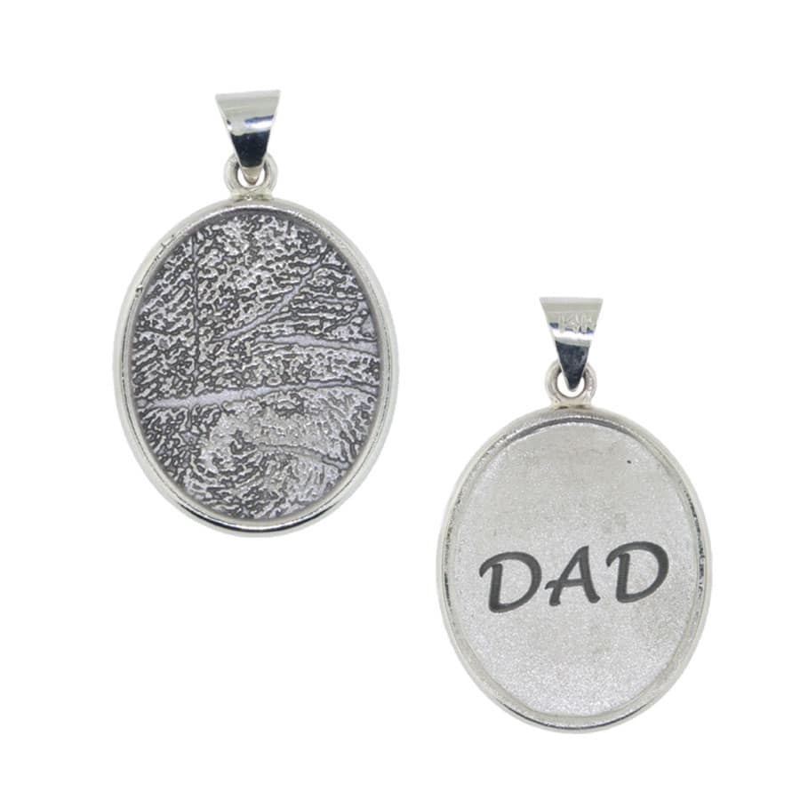 pendant with a fingerprint engraved on one side and "DAD" on the other